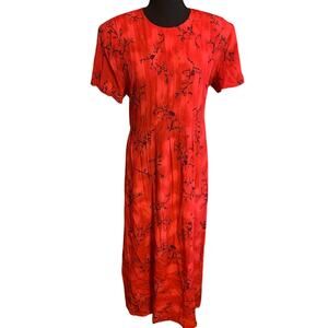 Handmade No Tag Red Pleated Floral Tree Maxi Dress
